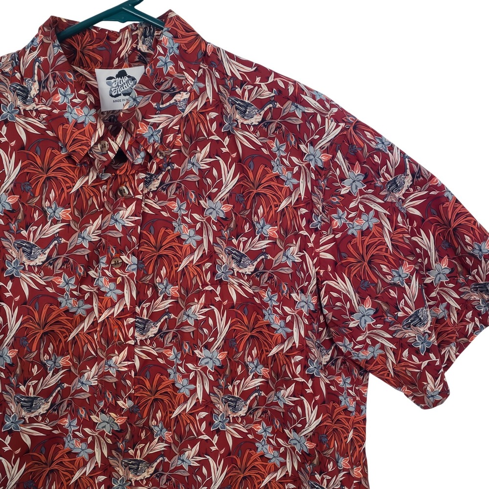Hilo Hattie Button-Down Mens L Red Tropical‎ Bird Floral Print Short Sleeve VTG
